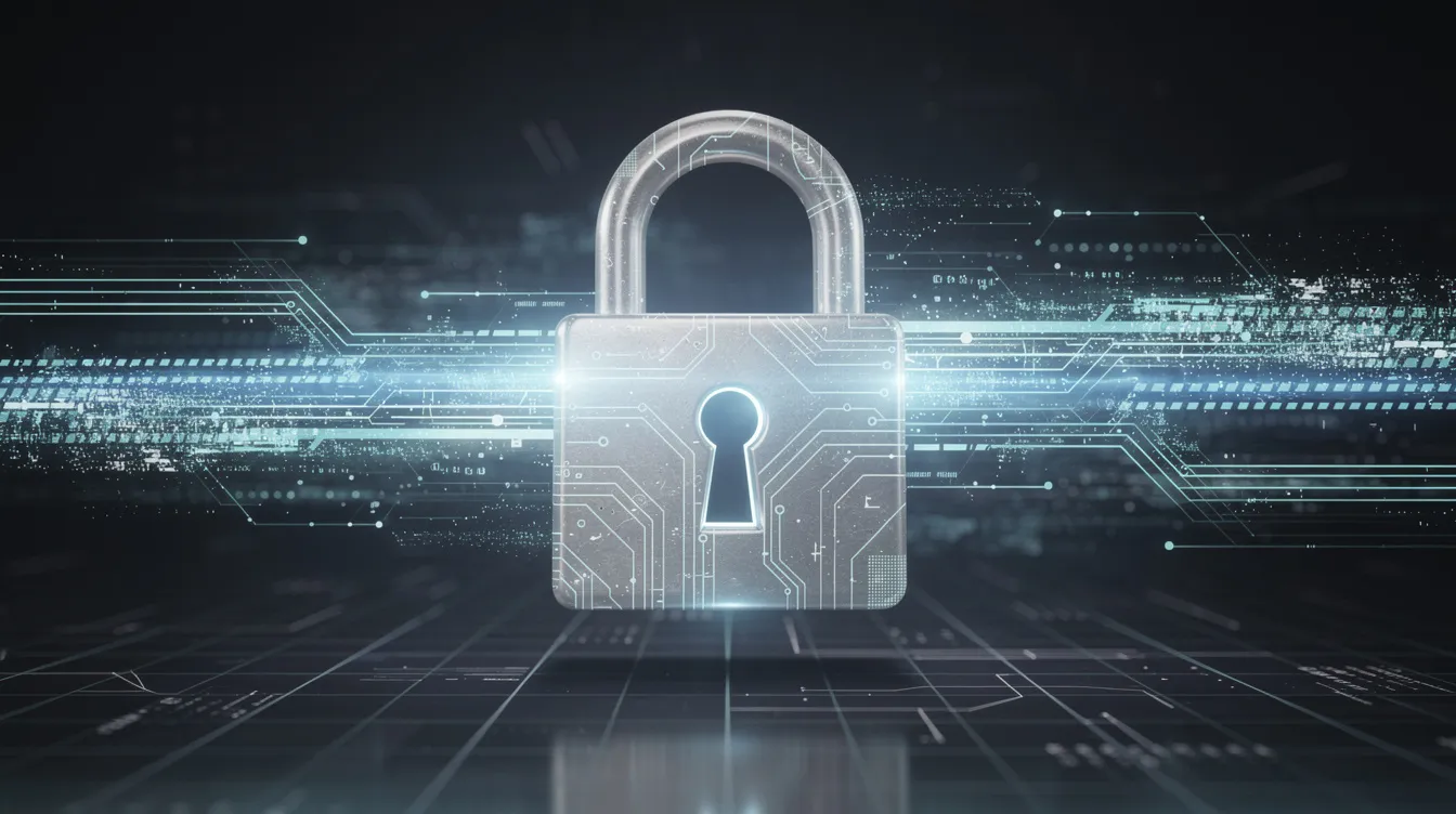Das Bild zeigt ein symbolisches digitales Schloss, das von dynamischen Datenströmen umgeben ist, was die Sicherheit und den Datenschutz in Online-Umfragen und Umfrageportalen wie Surveyworld verdeutlicht. Im Hintergrund sind schematische Darstellungen von Daten und Informationen zu sehen, die die Wichtigkeit von Meinungen und Feedback in der digitalen Welt unterstreichen.