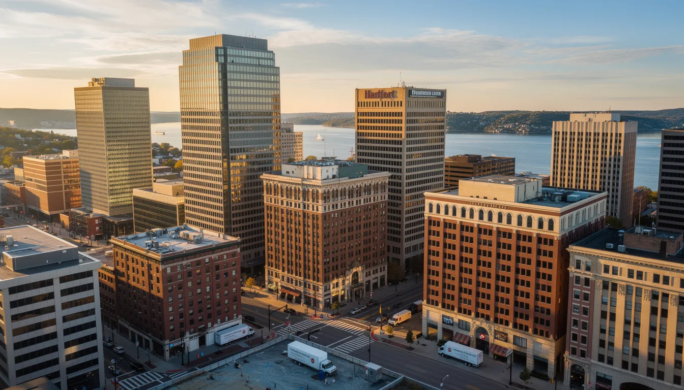 The image depicts the Hartford downtown skyline, showcasing the business district where commercial cleanout services, including estate cleanouts and junk removal, are offered. This urban landscape represents a hub for professional teams dedicated to providing efficient and reliable cleanout services for unwanted items in Connecticut.