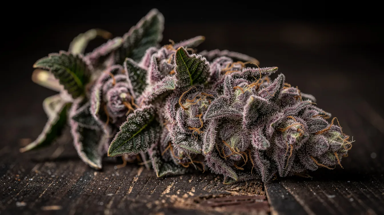 A close-up view of frosty purple and green cannabis buds resting on a dark wooden surface, showcasing their dense structure and vibrant colors. This image highlights the trichomes that contribute to the strain's sweet and fruity flavor, often associated with blueberry strains and known for their balanced effects and potential medicinal benefits.