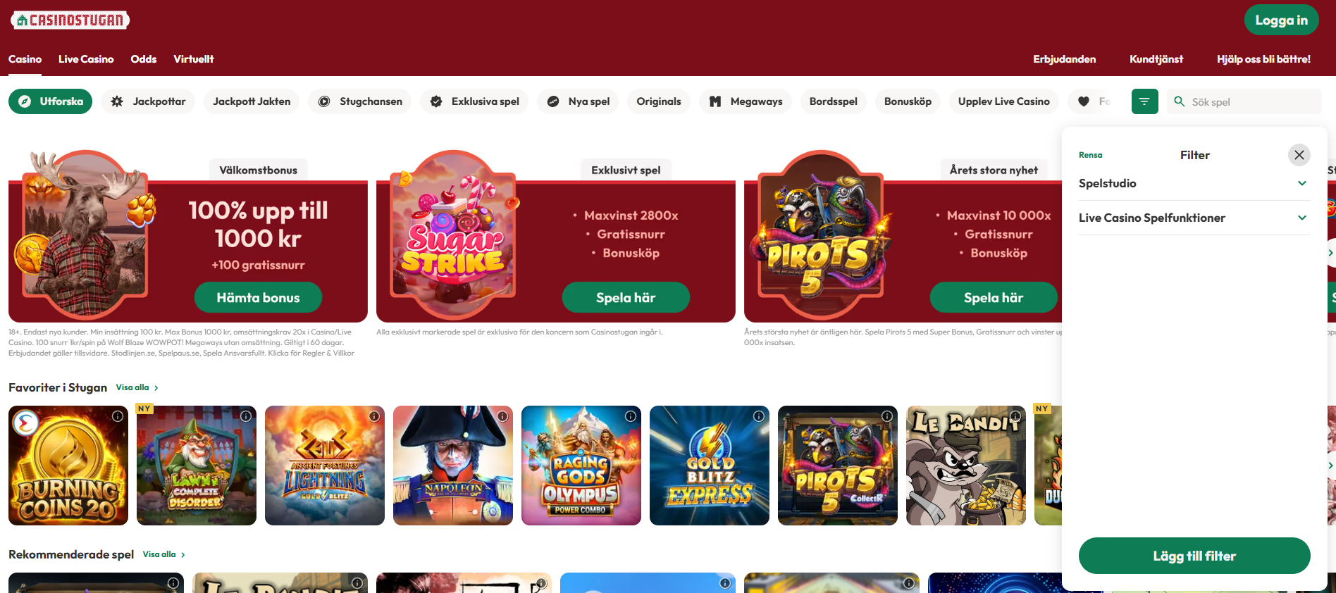 Casinostugans filtreringsfunktion för att sortera casinospel efter spelstudio och spelfunktioner.