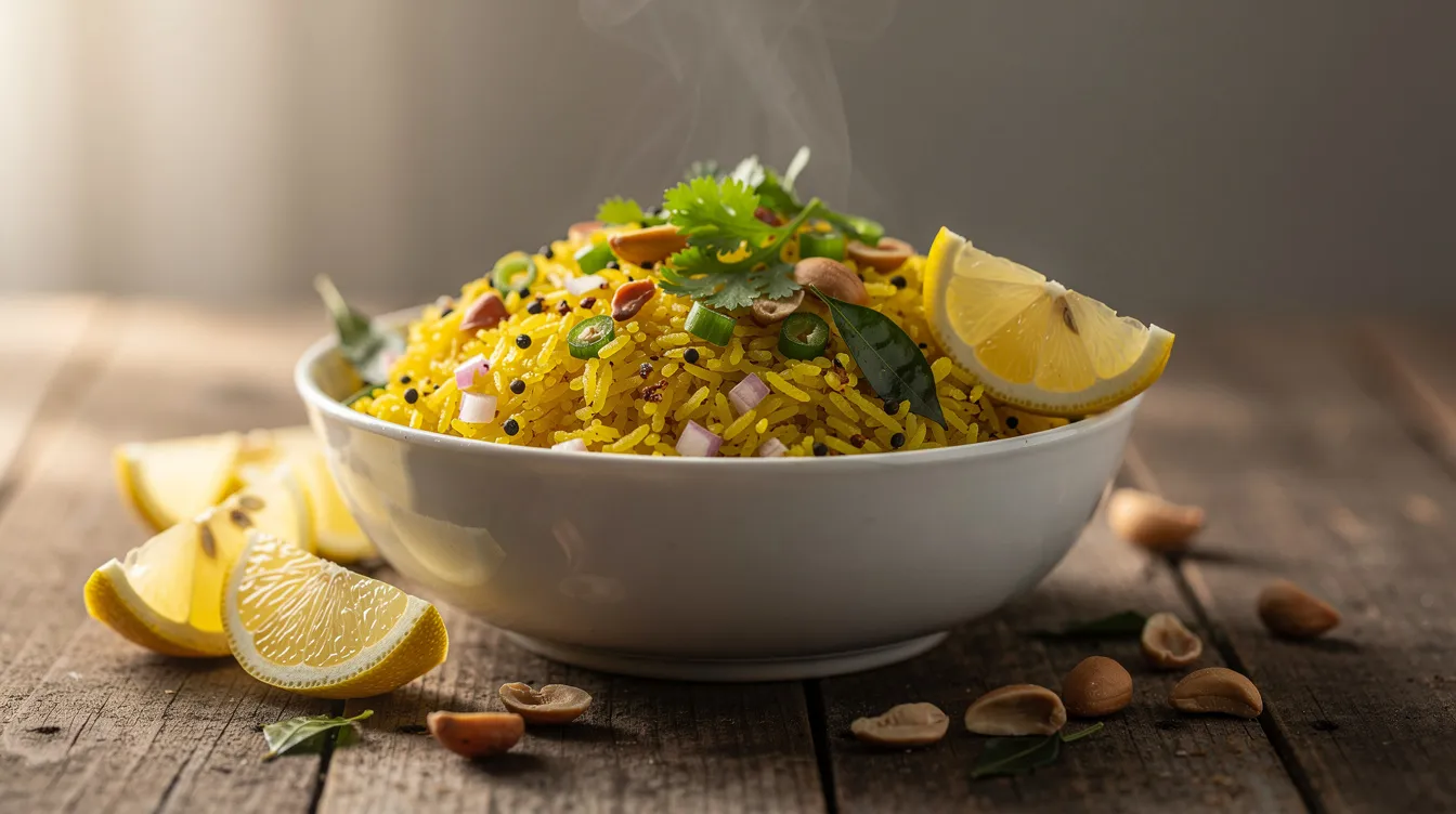 737072d3 837e 45ad 8883 777e2af33fff A steaming bowl of traditional poha, made from flattened rice, is garnished with fresh coriander leaves, crunchy peanuts, and a lemon wedge, all beautifully arranged on a rustic wooden table. The dish, known for its nutritious qualities, is an ideal breakfast option that highlights the aroma of spices and the convenience of an instant poha mix recipe.