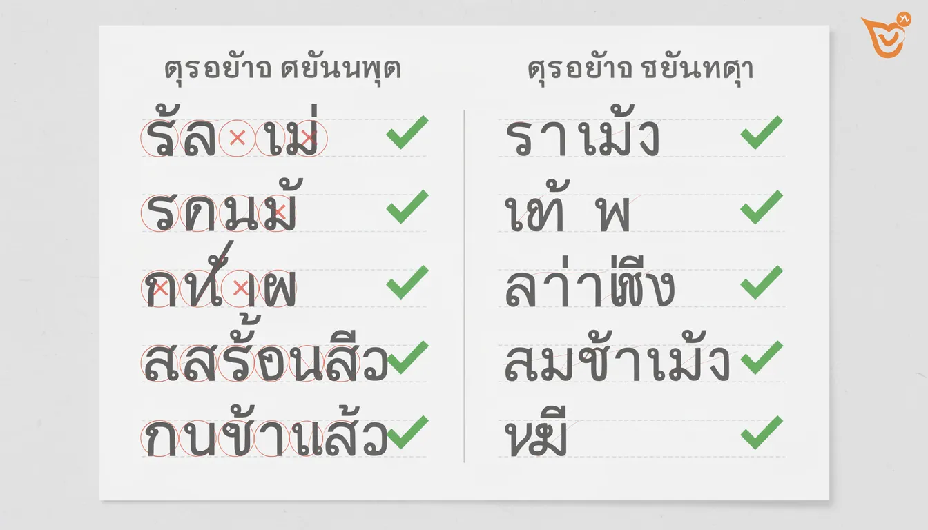 The image displays examples of common mistakes in Thai writing, highlighting incorrect formations of Thai letters alongside their correct versions. It emphasizes the importance of understanding the Thai alphabet, including consonants and vowels, to help Thai speakers and learners avoid errors in writing native Thai words.