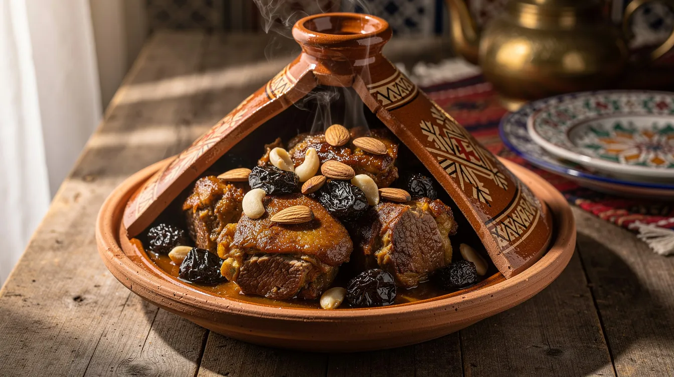 A traditional Moroccan tagine dish featuring tender lamb, sweet prunes, and crunchy almonds is beautifully presented in a decorative clay pot, showcasing the rich flavors of Moroccan cuisine. This dish reflects the vibrant culinary culture that visitors can experience while exploring the enchanting streets of Marrakech, a UNESCO World Heritage site known for its historical significance and warm hospitality.