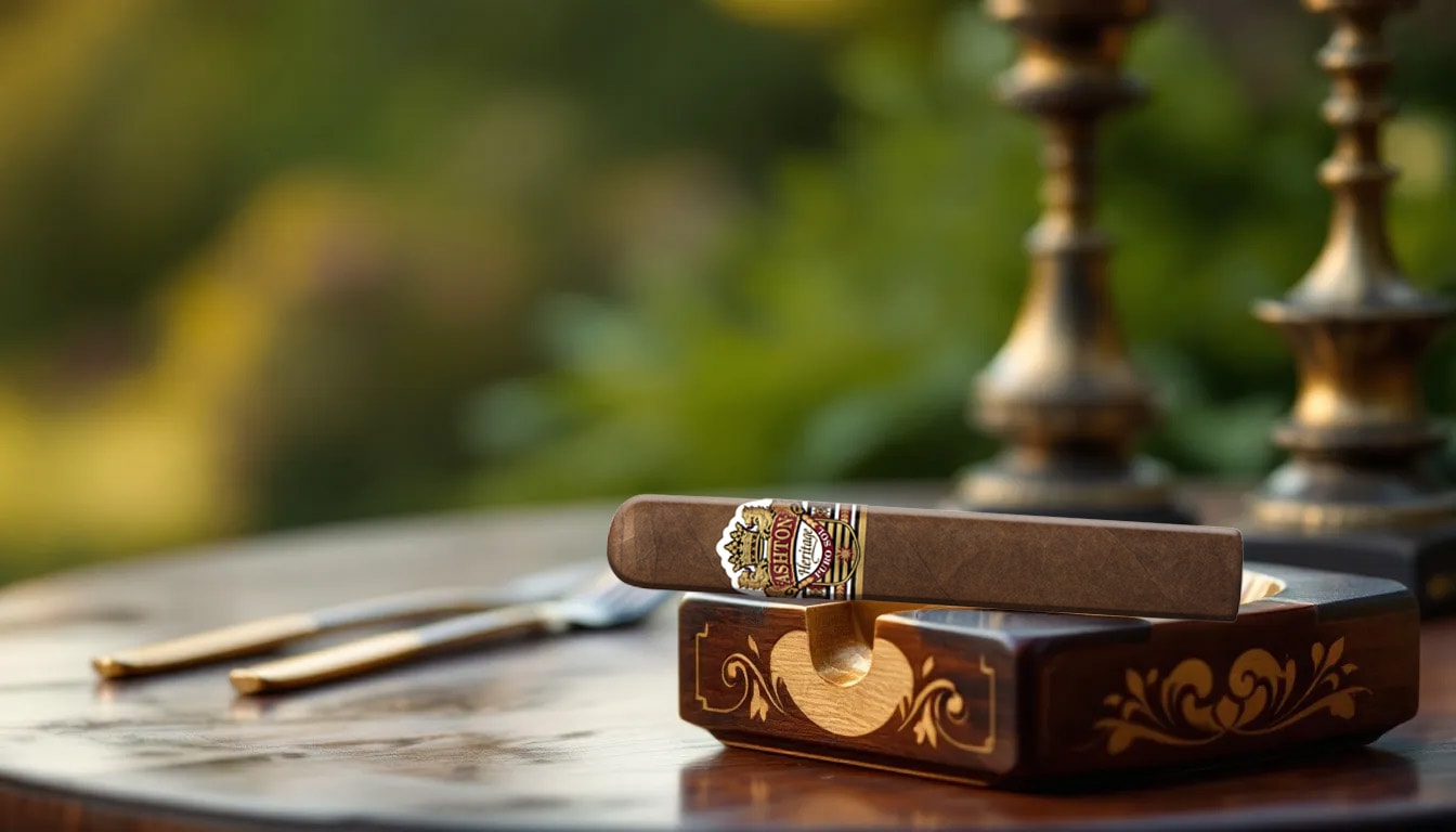 An Ashton Heritage Puro Sol Robusto cigar being enjoyed outdoors.