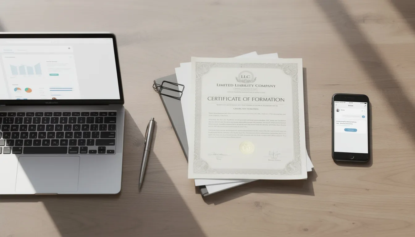 En la imagen se pueden ver documentos de negocios, incluyendo un certificado de LLC, junto a un laptop y un smartphone sobre un escritorio. Estos elementos son esenciales para emprendedores que buscan abrir una cuenta de Stripe y gestionar sus pagos en Estados Unidos.