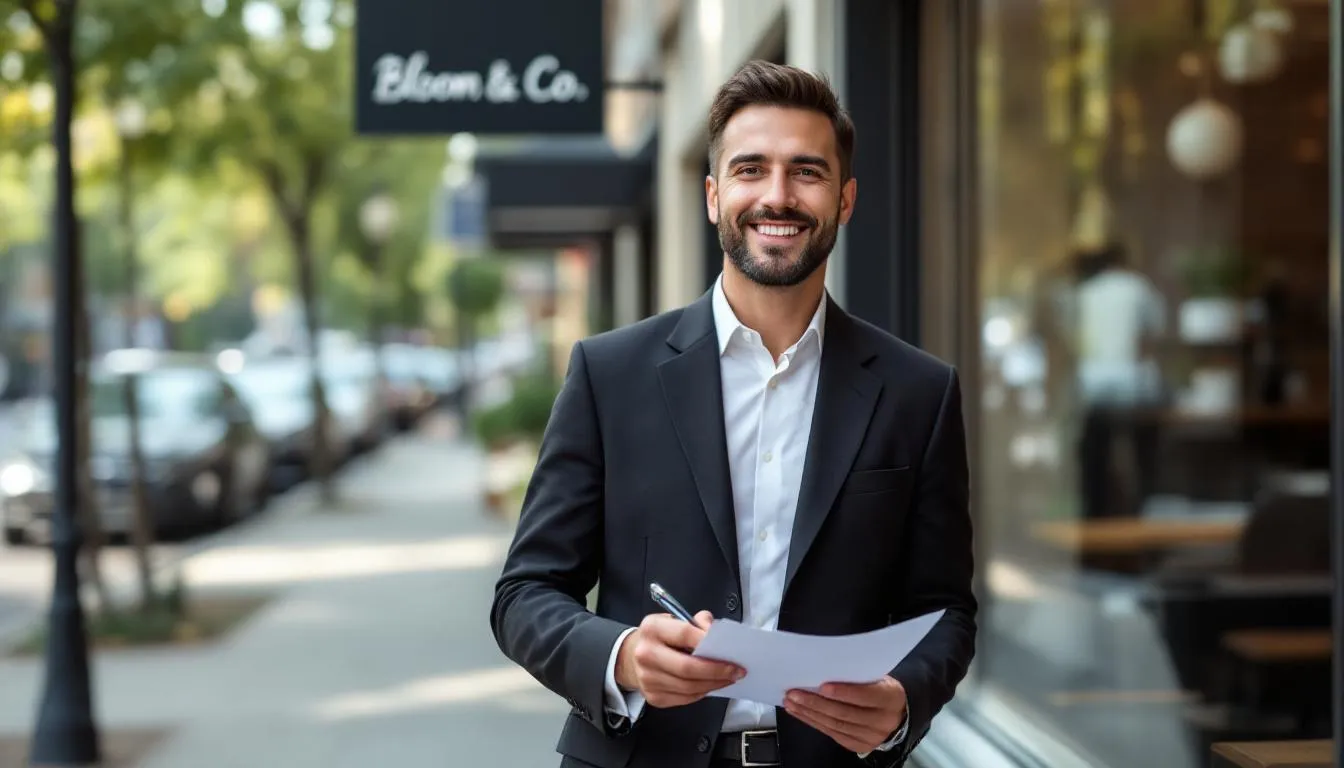 A confident small business owner stands in front of their new location, having just created a deal to receive money to update their business to a new site. This successful moment highlights the importance of revenue-based financing for small business owners looking to grow and meet their unique needs.