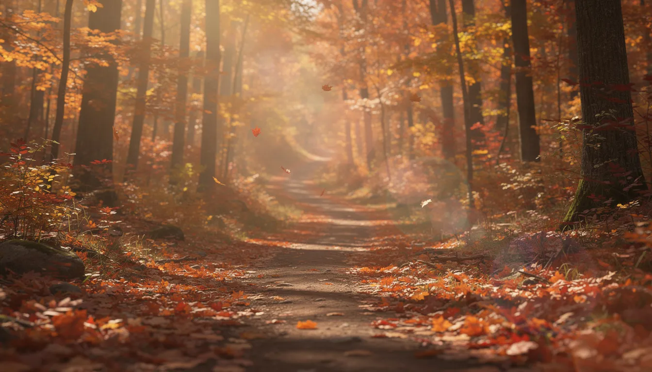 A serene hiking trail is surrounded by vibrant autumn leaves, with dappled sunlight filtering through the trees, creating a picturesque scene perfect for outdoor enthusiasts. This tranquil setting captures the natural beauty of Connecticut's forests, inviting visitors to explore the scenic landscapes.