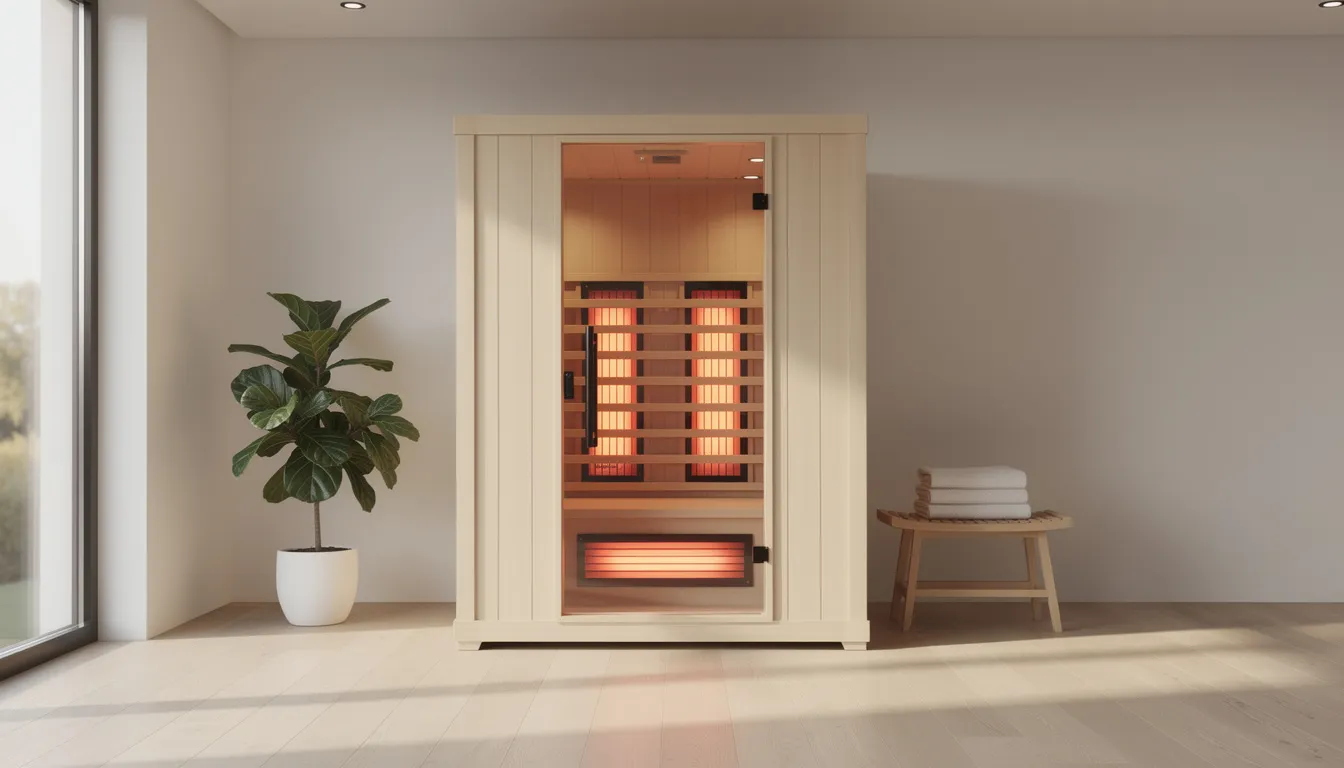 The image depicts a modern indoor infrared sauna cabin situated in a clean home wellness room, illuminated by natural light. Inside, sauna benches made of wood provide a relaxing space for sauna sessions, highlighting the sauna's focus on health benefits and minimal maintenance.