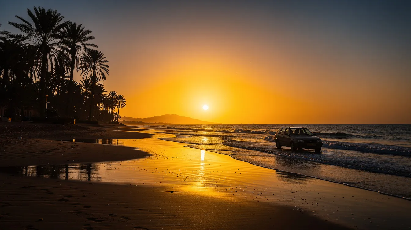 Un tramonto dorato illumina una spiaggia marocchina, creando un'atmosfera romantica, mentre le silhouette delle palme si stagliano contro il cielo. Vicino alla costa, un'auto parcheggiata suggerisce la possibilità di esplorare Agadir e le sue meravigliose spiagge a bordo di un'auto a noleggio.
