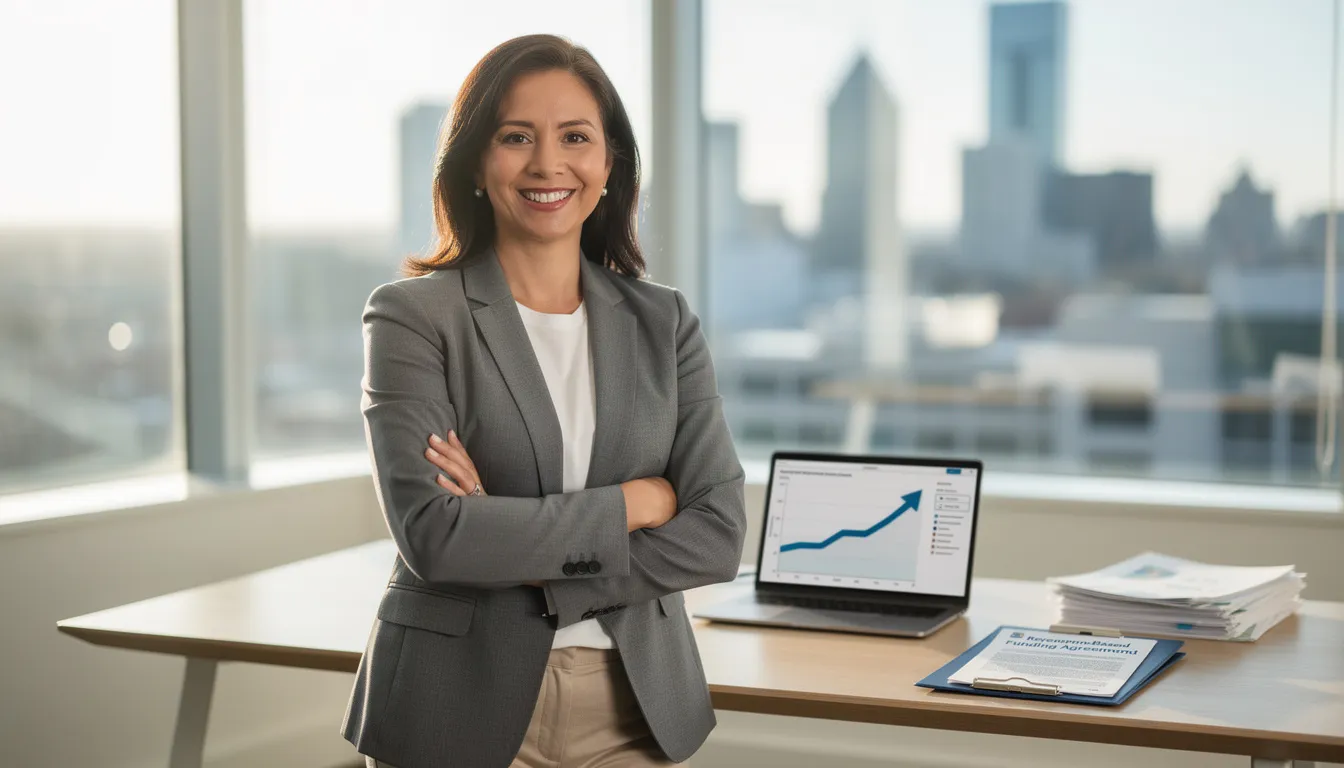 A confident small business owner stands proudly in their workspace after successfully navigating the revenue-based funding application process, which has provided them with the financial resources needed to move their business forward. This positive development reflects satisfaction with their funding options.