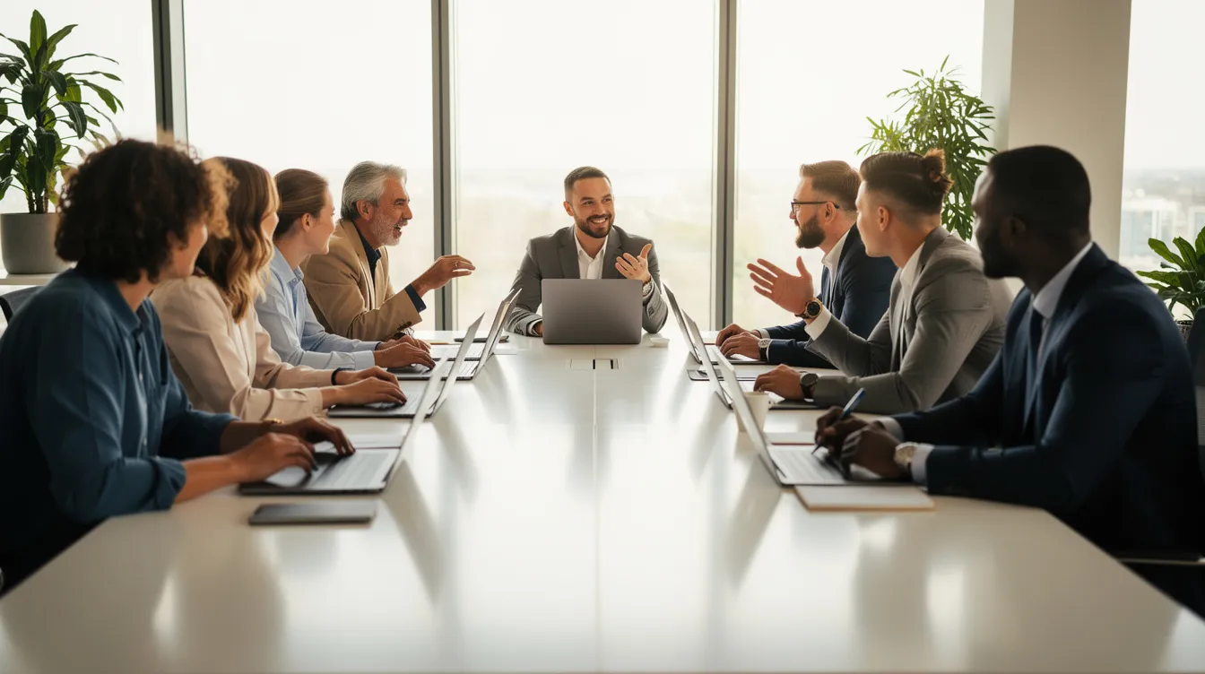 A group of professionals in a modern workspace discussing continuous improvement and developing automation solutions to meet business needs.