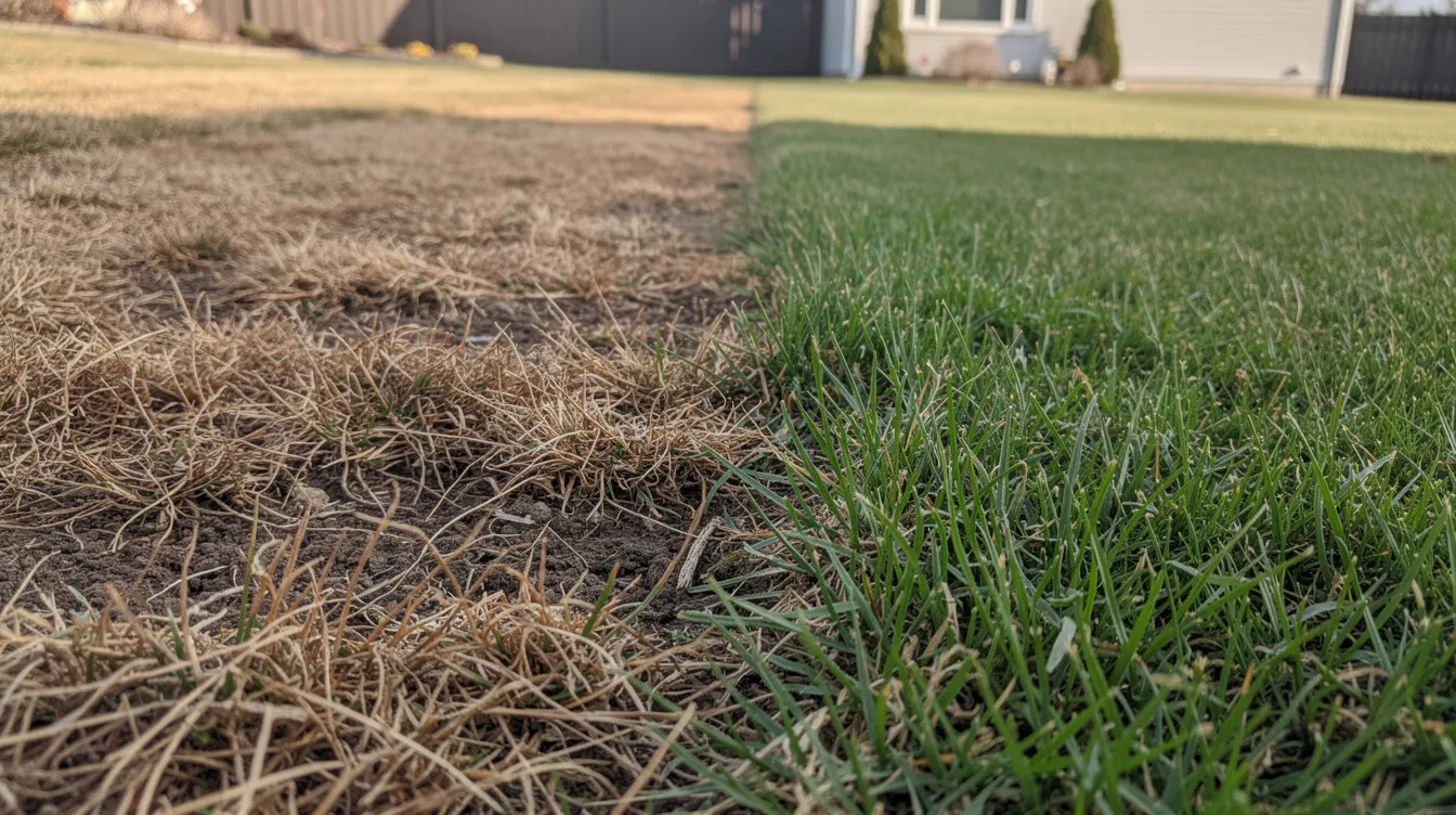 The image displays a comparison of brown dormant grass patches next to vibrant green areas of recovering lawn, illustrating the contrast between dead grass and lush growth. This visual highlights the effectiveness of lawn care techniques, such as using chosen grass seed and proper watering, in repairing patchy grass and transforming bare spots into a healthy, green lawn.