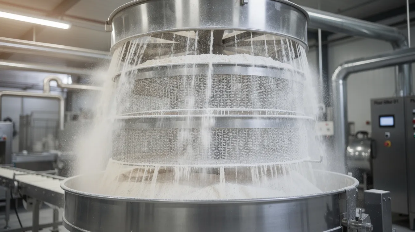 The image depicts industrial flour sifting equipment, where fine white flour cascades through metal mesh screens, ensuring quality and safety in food production. This process helps eliminate lumps and potential adulterants, contributing to the overall shelf life and flavour of the final food products.