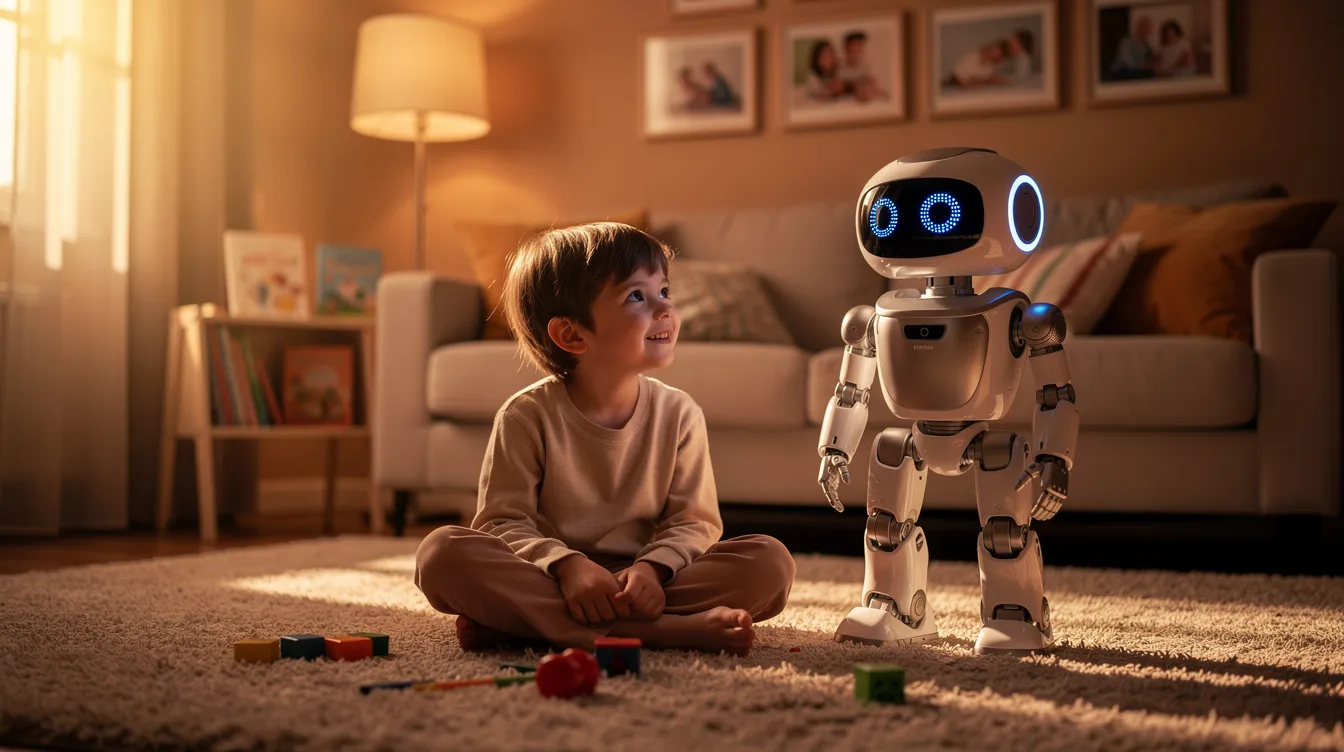 In a warm living room, a small friendly robot stands beside a child, embodying the themes of hope and companionship often explored in science fiction films. This scene captures a tender moment reminiscent of Spielberg's warm-hearted optimism, highlighting the bond between humans and artificial intelligence.