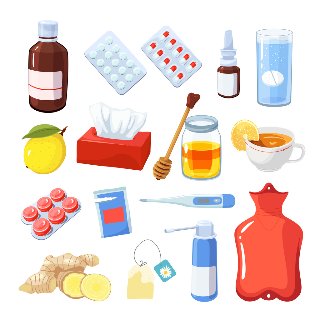 Cartoon images of various sore throat remedies, including lemon, ginger, throat spray, honey, herbal tea, and supplements. 