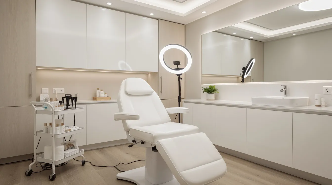 The image depicts a modern and clean medspa treatment room featuring a comfortable procedure chair and professional lighting, ideal for various cosmetic procedures like the Sculptra butt lift. This serene environment is designed to enhance the overall experience for patients undergoing minimally invasive treatments that stimulate collagen production for natural-looking results.