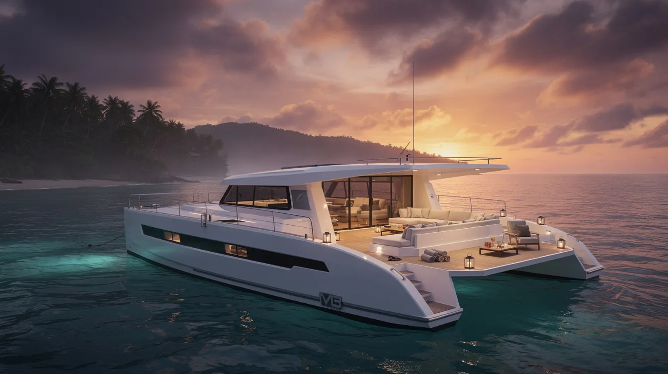 Um elegante catamarã com área de lounge no convés está ancorado perto de uma costa tropical ao entardecer, com águas azul turquesa refletindo a luz suave do pôr do sol. A cena evoca um destino paradisíaco, ideal para férias nas ilhas ABC, como Curaçao, rodeado por paisagens deslumbrantes e vida marinha vibrante.