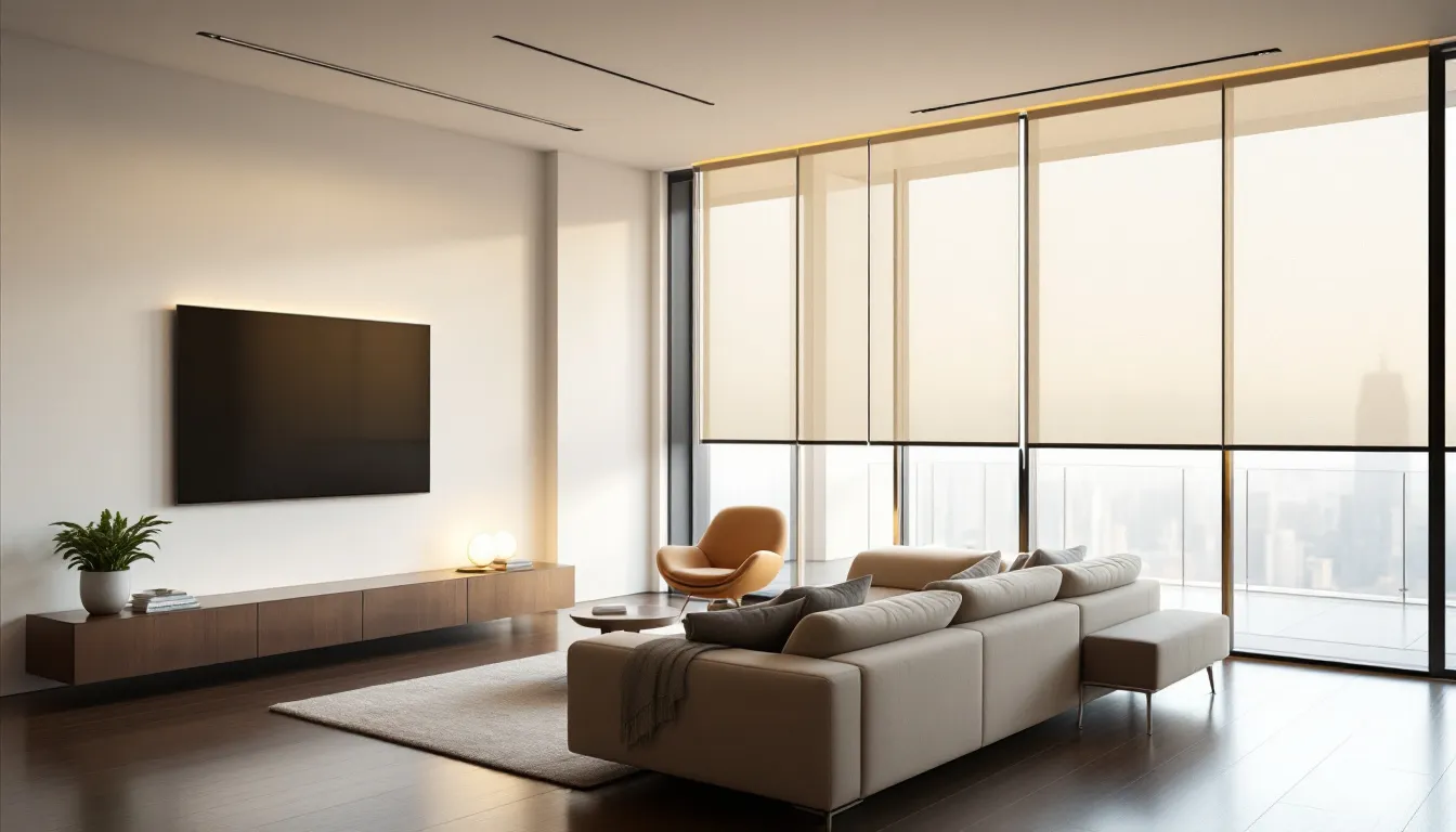 Smart technology integrated with high window shades, showcasing a modern living space.