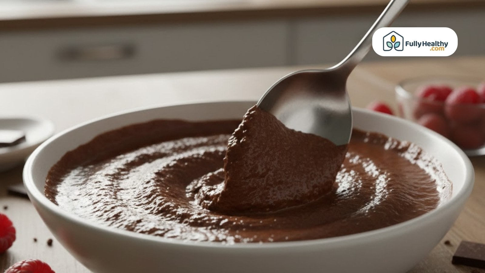 Spoon scooping thick chocolate pudding from white bowl