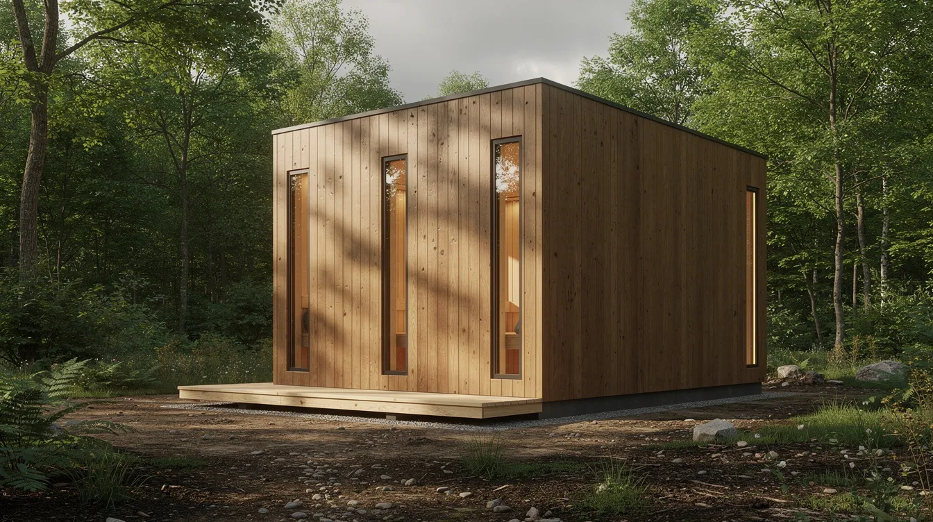 The image depicts an outdoor sauna building made of wood, featuring three narrow vertical window slits that allow for ample natural light while maintaining privacy. Surrounded by trees, this sauna design emphasizes a relaxing atmosphere in a serene backyard space.