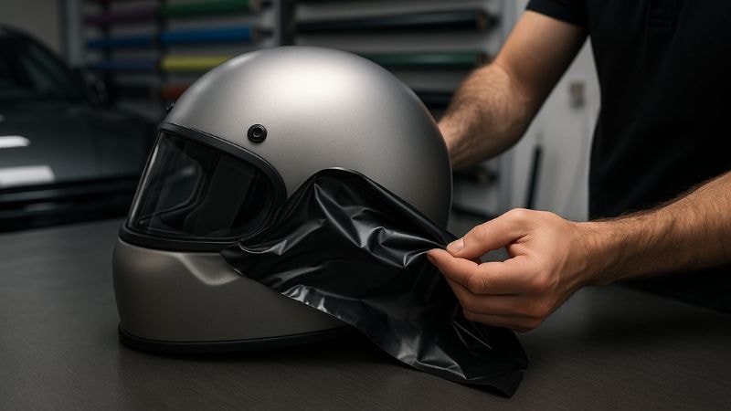 in a vinyl wrapped helmet, vinyl is beig removed easily