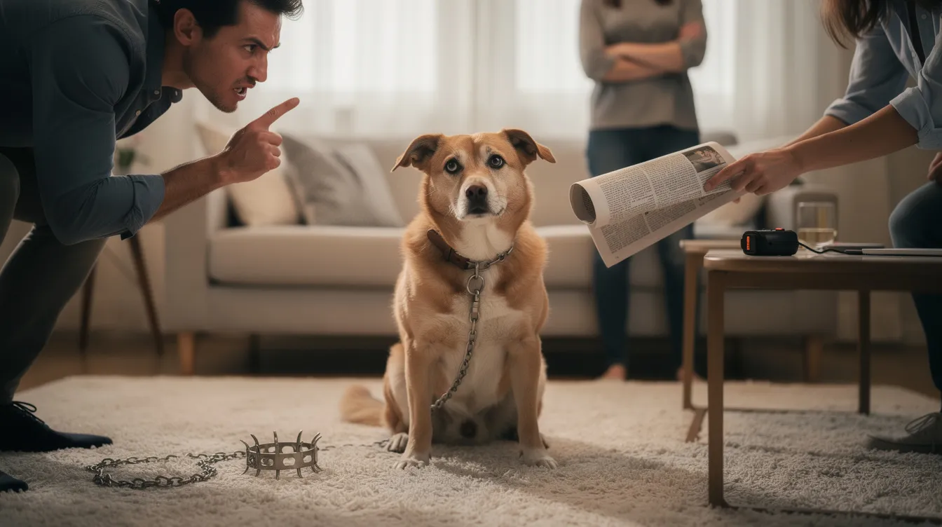 The image depicts a diverse group of dog owners gathered in a park, observing their dogs engaging in various training activities. The scene highlights the contrast between common dog training myths and the positive behaviors being reinforced, with trainers demonstrating techniques that promote understanding and communication between humans and their pets.