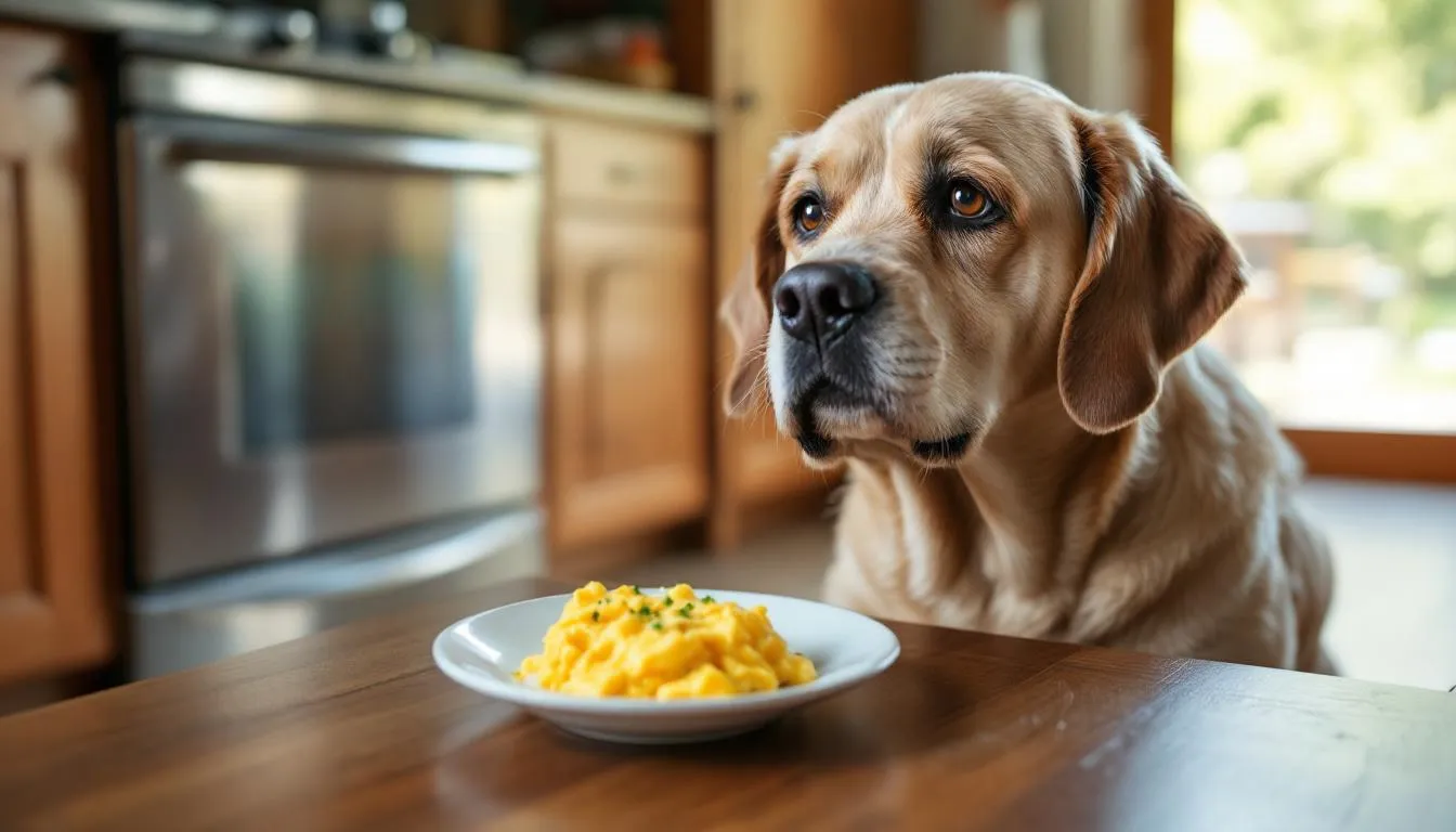 A senior dog happily enjoys a small portion of scrambled eggs, a tasty and nutritious treat that can be beneficial for dogs