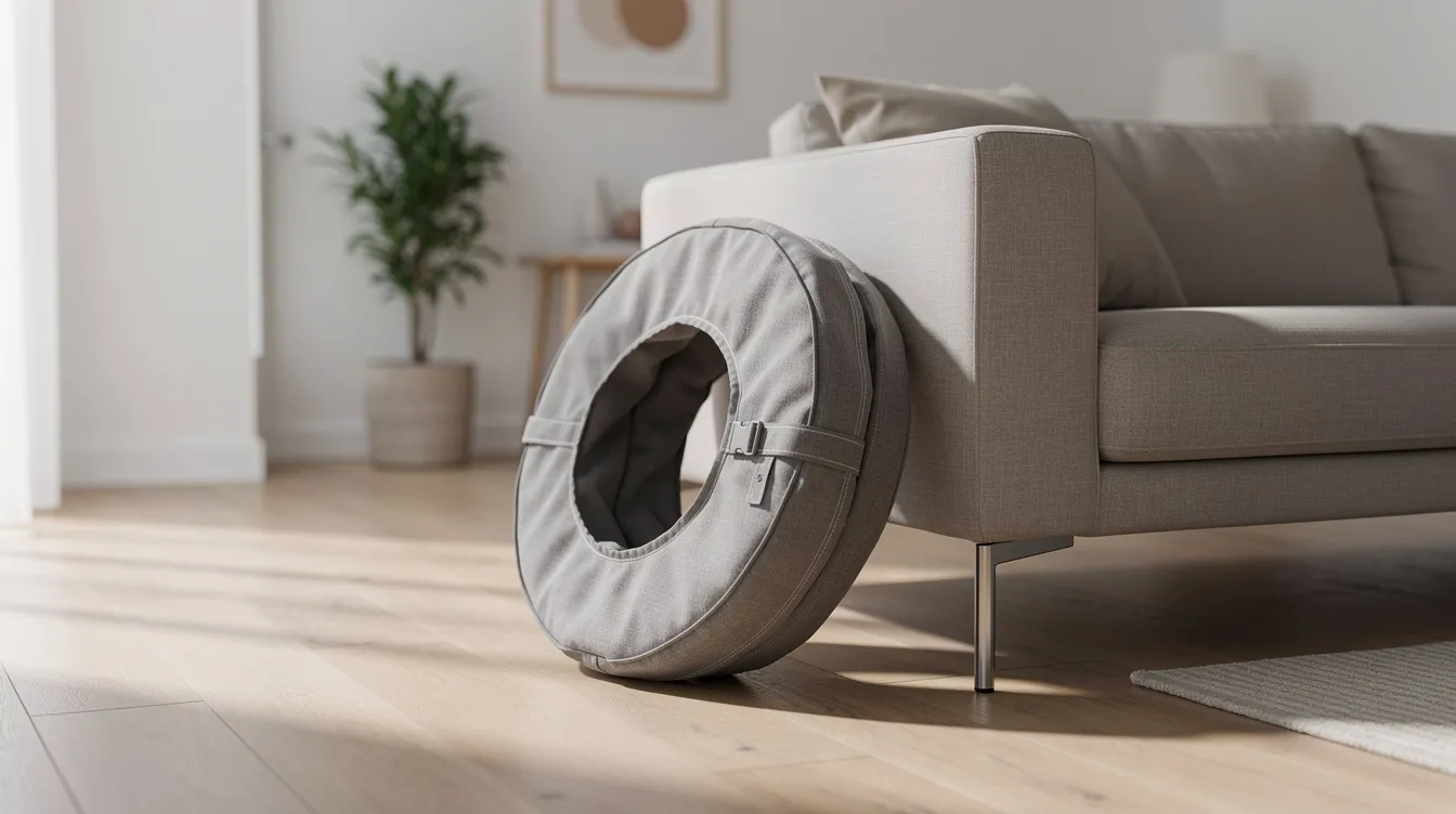 A neatly folded cat tunnel is stored flat next to a sofa in a minimalist apartment, showcasing its easy storage feature. This cozy cat play tunnel, perfect for hiding and exploring, is ready for playtime with kittens and other cats.