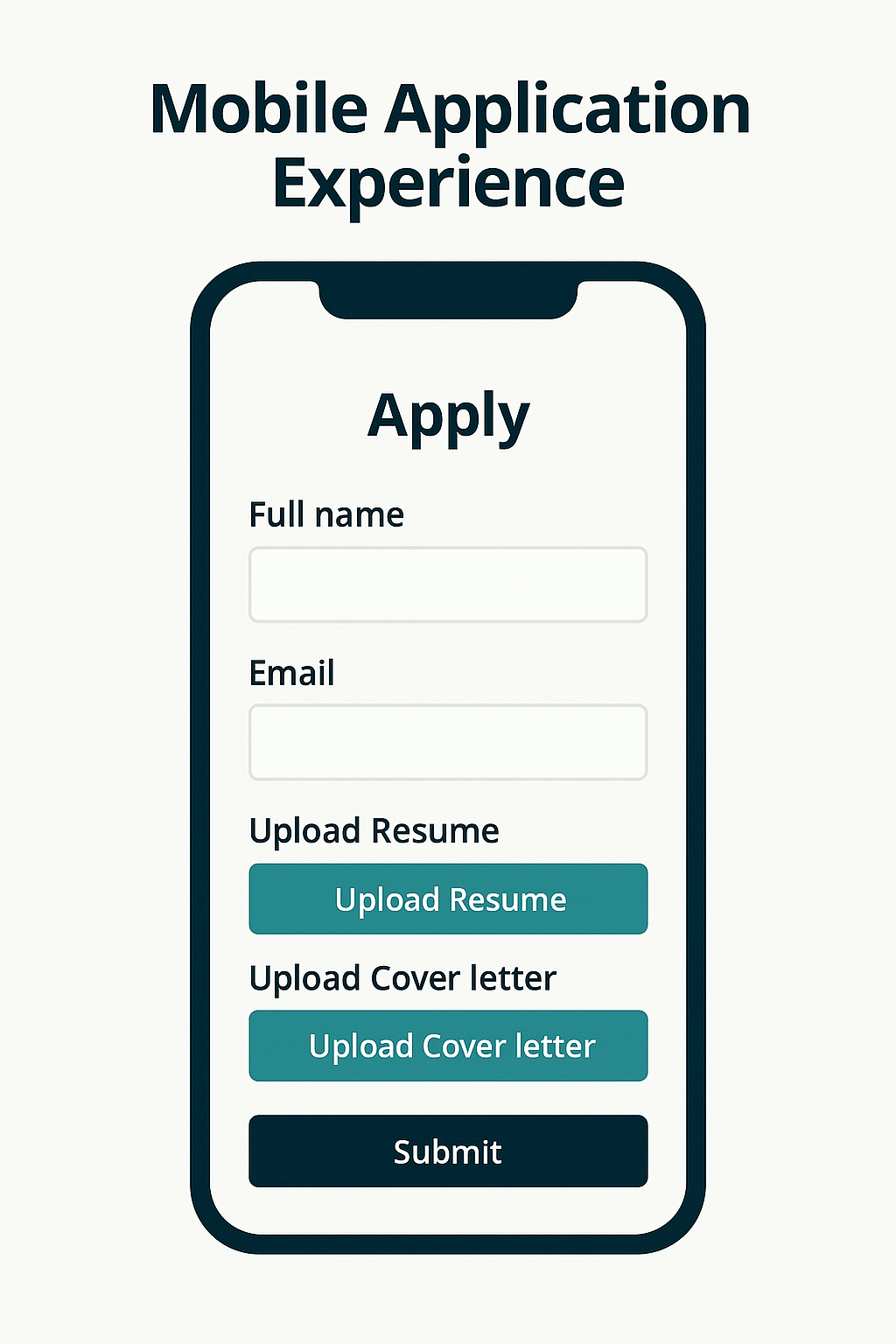 Smartphone mockup displaying a clean job application interface. The screen includes fields for full name and email, plus upload buttons for resume and cover letter, and a submit button—styled with navy and teal accents on a white background.