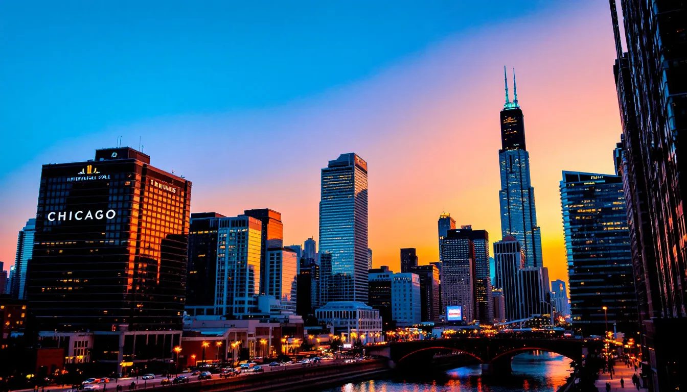 In this image, the bustling downtown of Chicago is depicted, showcasing tall skyscrapers and busy streets filled with pedestrians and vehicles. The scene captures the essence of the Windy City, highlighting its vibrant atmosphere and the importance of understanding local regulations, such as hotel accommodations tax and short term rental obligations for Airbnb hosts.
