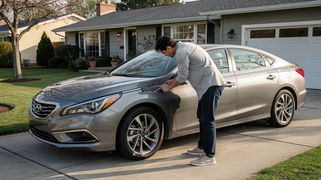 A person is carefully inspecting a sedan parked in a residential driveway, ensuring the vehicle's condition before considering car shipping services. This scene highlights the importance of vehicle details and customer satisfaction in the auto transport process, particularly for those looking into Maryland car shipping options.