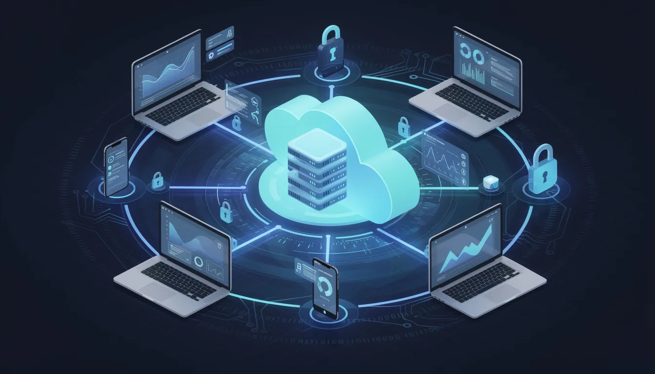 The image depicts a secure cloud computing technology visualization featuring interconnected devices, symbolizing the integration of proactive tax strategies and financial planning. This representation highlights the importance of strategic tax partners in navigating complex international tax laws and maximizing tax savings for businesses and clients.