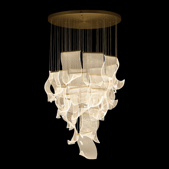 Modern cascading chandelier featuring illuminated, wave-like translucent panels suspended from a circular gold ceiling mount, glowing elegantly against a black background.