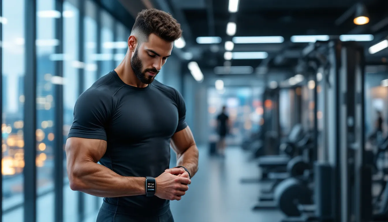 A professional athlete is intently checking recovery data on a sleek wearable device while in a modern gym setting, highlighting the importance of tracking performance and health metrics for optimal training and recovery. The device may assist in monitoring factors like oxygen levels and breathing patterns to enhance overall athletic performance.