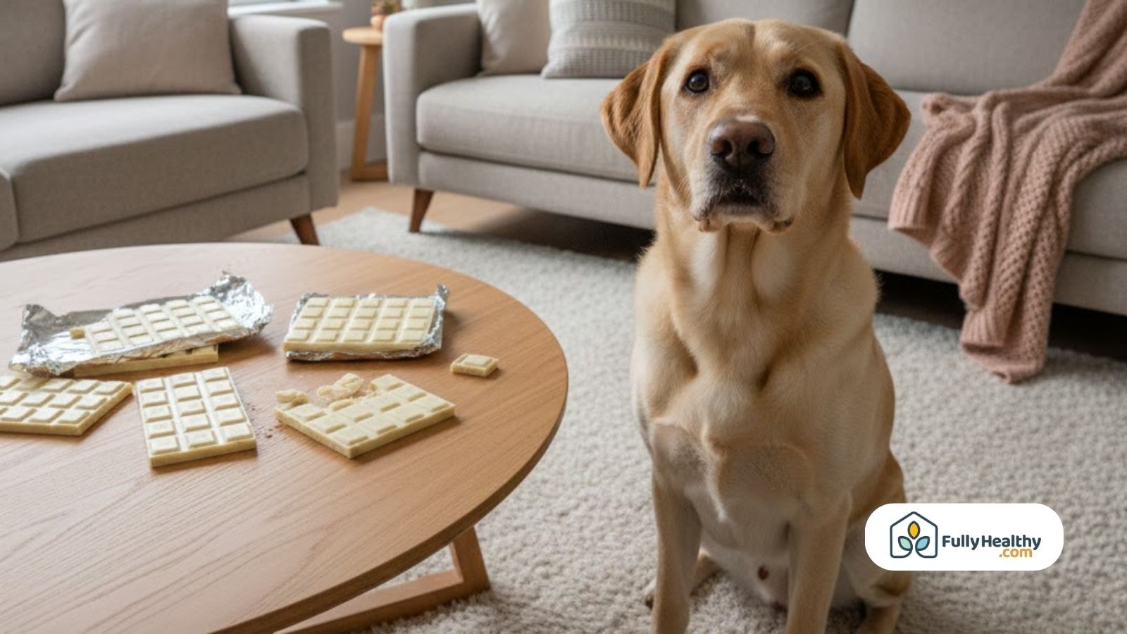 Labrador sitting beside table with white chocolate bars unwrapped