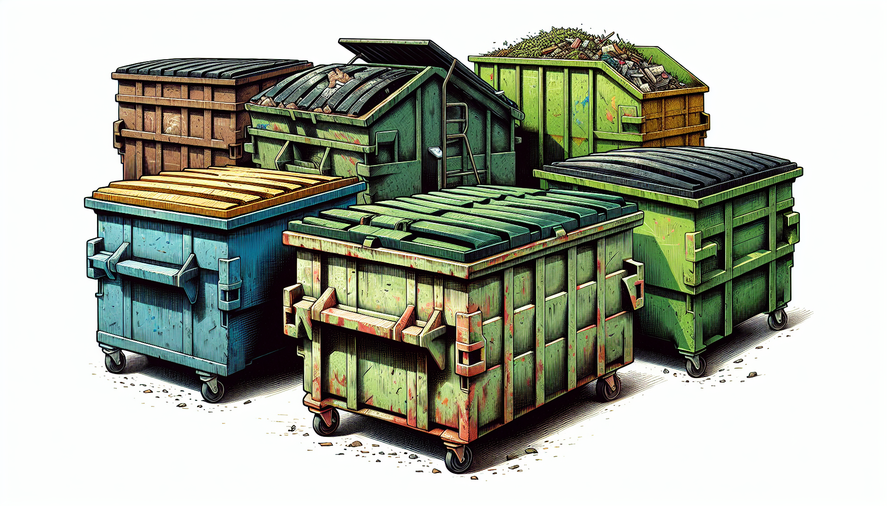Illustration of specialized dumpsters for different waste types