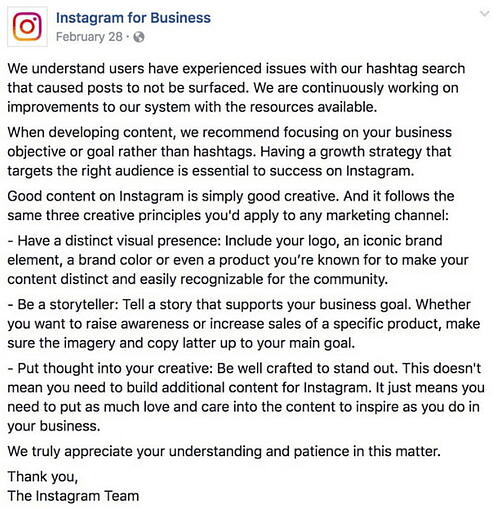 Remote.tools shows evidence of a instagram for business's post on their official facebook page that indirectly talks about shadow banning