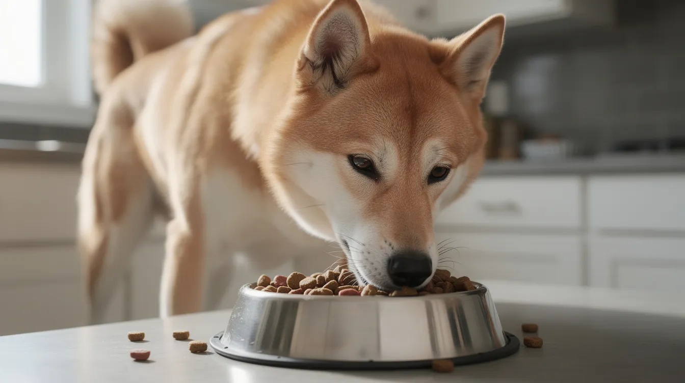 A Chinook dog, characterized by its reddish gold double coat and almond-shaped eyes, is happily eating high-quality kibble from a dog bowl. This healthy breed, known for its friendly demeanor and ideal sled dog traits, showcases the breed standards of the Chinook dog as it enjoys its meal.