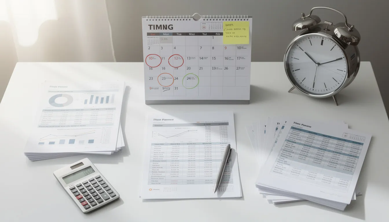 The image depicts a calendar alongside financial documents and a clock, symbolizing the importance of timing in loan applications and the potential fallout risk associated with interest rates and borrowers' income. This visual representation emphasizes the crucial factors lenders and clients must analyze to manage financial stress and ensure successful funding.