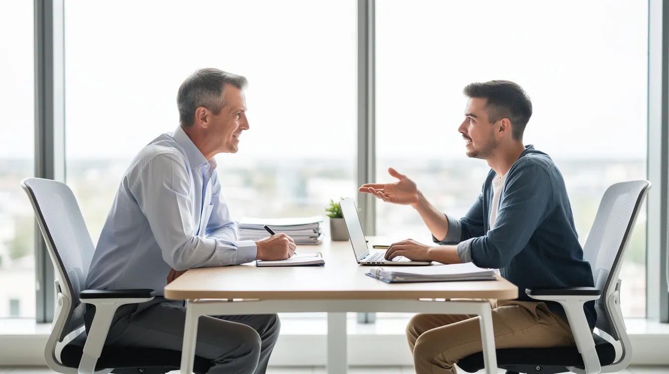 L'image montre un manager et un collaborateur en pleine conversation dans un bureau lumineux, mettant en avant l'importance de la communication et du feedback dans le cadre d'une entreprise. Cette interaction illustre les échanges nécessaires pour évaluer les performances et les attentes des salariés au sein de l'équipe.
