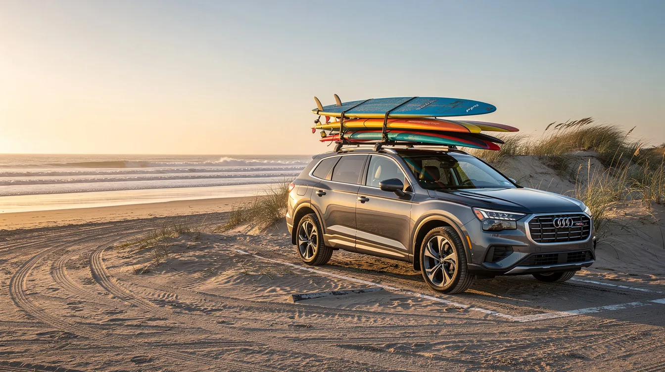 SUV with surfboards on the roof, parked next to a sandy beach.