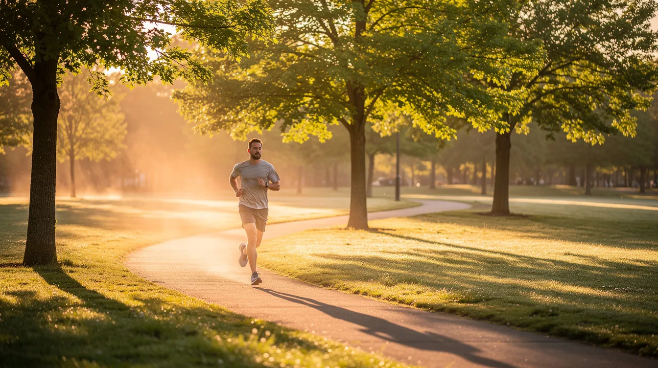 Une personne fait du jogging dans un parc verdoyant au lever du soleil, entourée d'arbres et de fleurs. Cette activité physique matinale peut contribuer à la perte de poids et à une meilleure sensibilité à l'insuline, des bienfaits souvent recherchés dans le cadre d'une gestion de la santé et du métabolisme.