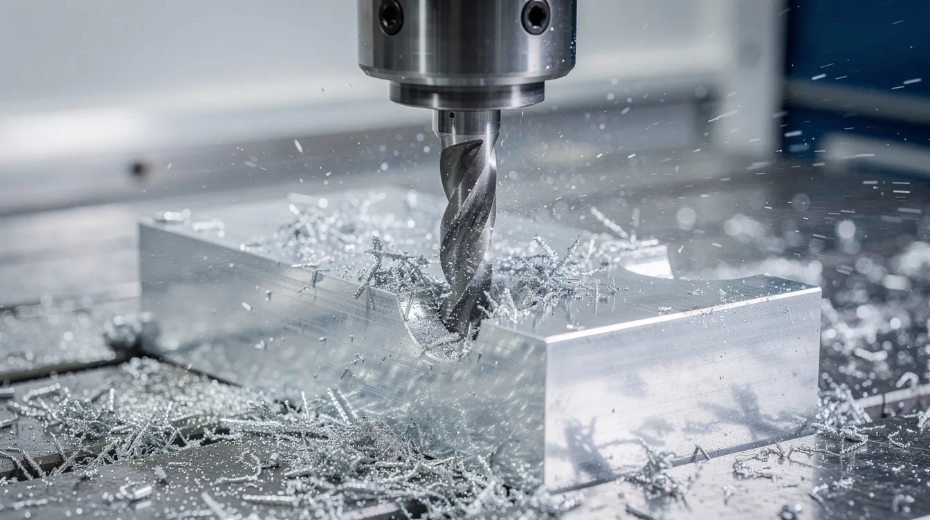 A close-up view of a CNC milling machine actively cutting an aluminum block, with visible coolant spray enhancing the machining process. The image highlights the precision of CNC technology and the use of cutting tools in modern manufacturing.