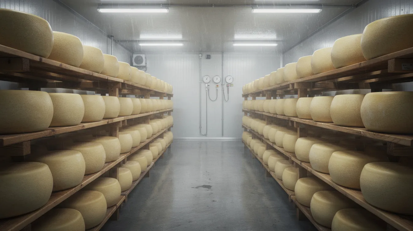 739a0dd8 e37f 425c a8f8 51bb59f9db33 The image depicts an industrial cold storage room filled with rows of cheese wheels aging on wooden shelves, showcasing the meticulous inventory management essential for the dairy business. This environment highlights the importance of working capital management in maintaining sufficient liquidity and operational efficiency to meet customer demand.