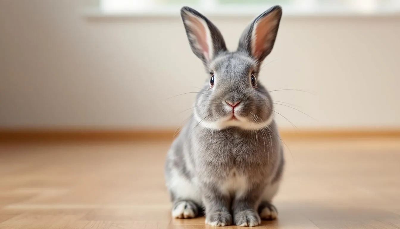 A pet rabbit with a fluffy tail sits calmly, showcasing its soft fur and adorable features. This cute bunny, often found among other rabbits, has a short tail that adds to its charm and helps it survive in nature by distracting predators.