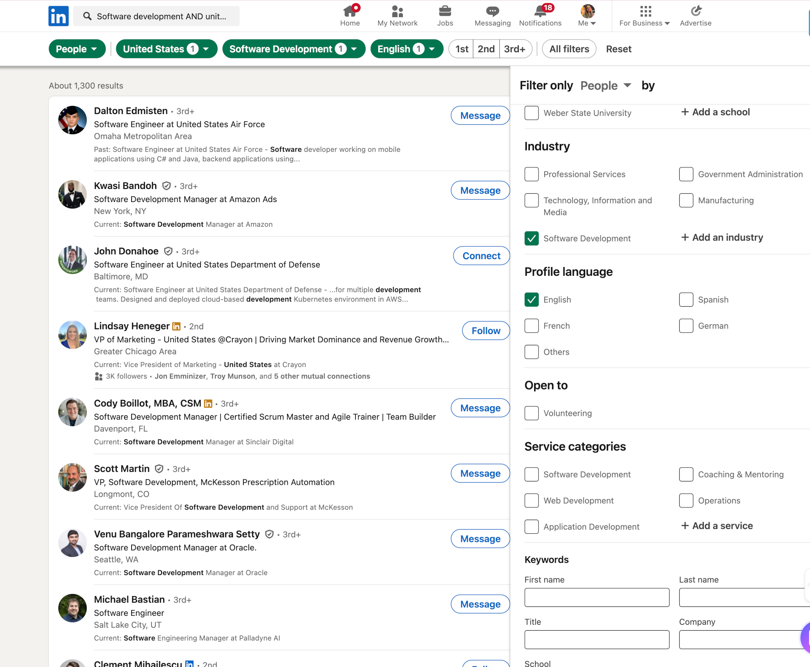 LinkedIn search filters interface