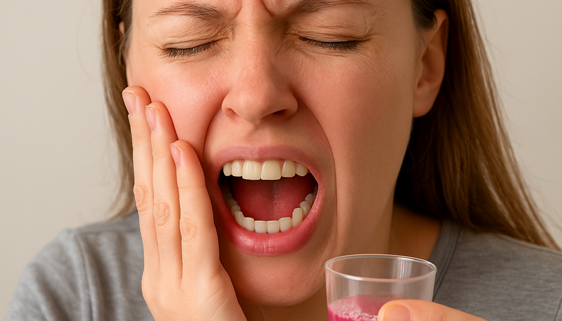 Kvinne med sterke tannverkssmerter holder hånden mot kinnet og munnen åpen i smertefull grimase.