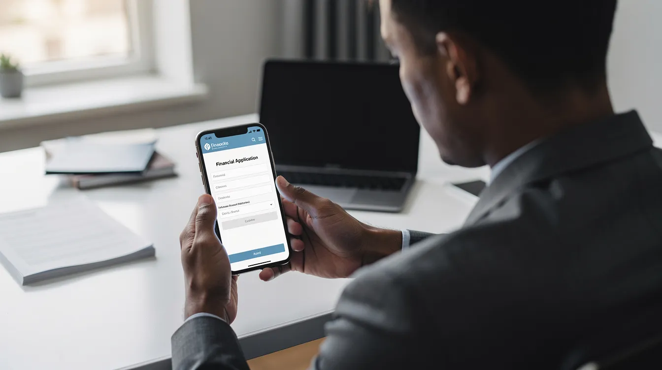 A person is seated at a desk, focused on their smartphone as they complete a financial application, ensuring their information is secure. The screen displays a webpage related to financial services, highlighting aspects of security and protection during the application process.