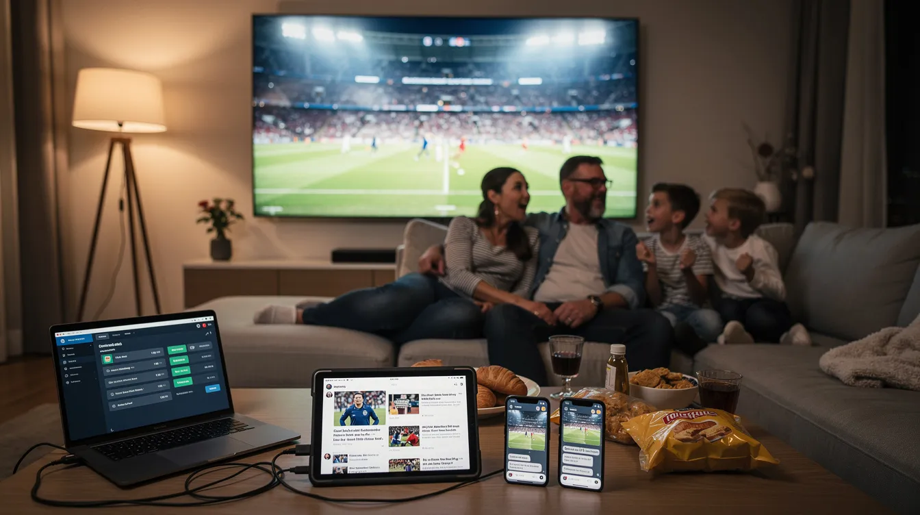 A family is gathered around a large screen, excitedly watching live sports, with various devices like tablets and smartphones nearby, showcasing the convenience of multi-device access to IPTV services. They enjoy unlimited global entertainment, including live TV channels and on-demand shows, all while utilizing the best IPTV subscription for their viewing needs.