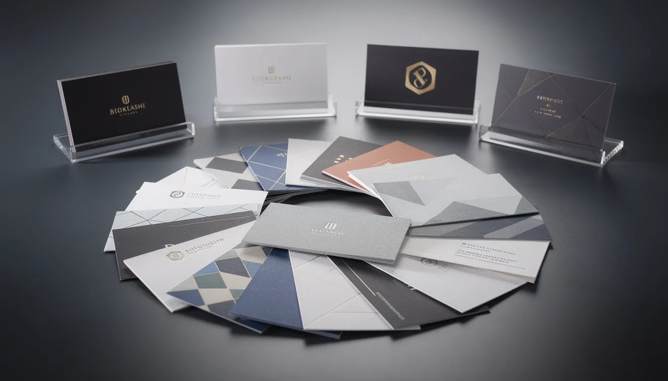 An elegant display showcases a variety of professional business cards featuring creative designs, including classic styles with bold colors and modern touches like gold foil and QR codes. This arrangement highlights the importance of making a lasting impression on potential clients, reflecting the brand's personality and creativity in the digital world.
